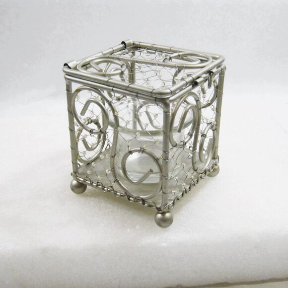 Beaded Wire Screened Container Votive Tealight Candleholder w/ Hinged top - Picture 7 of 7
